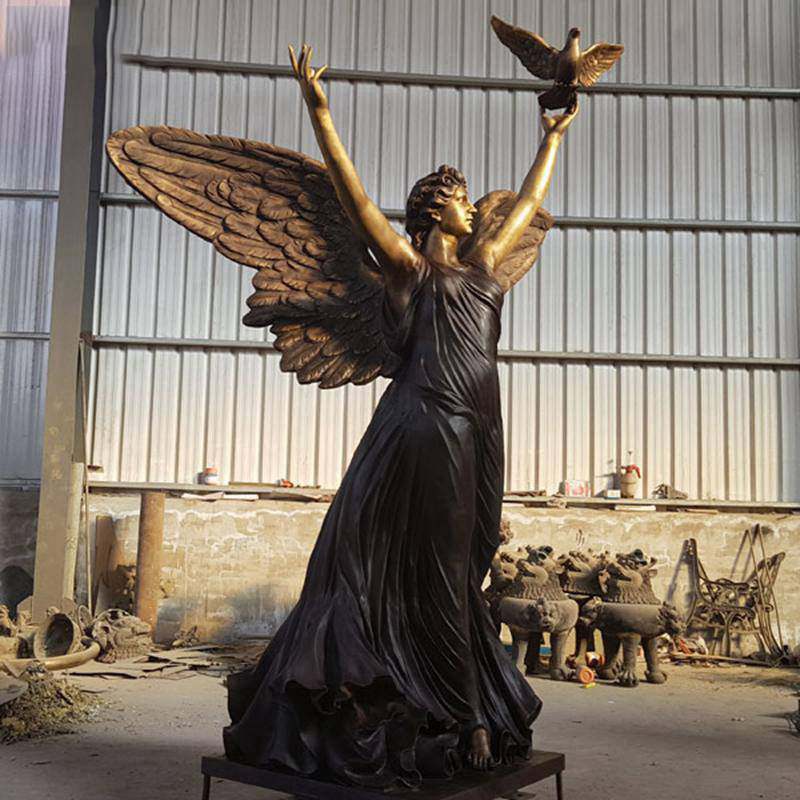 Outdoor Bronze Garden Angel Statue with Peace Dove Design  Details