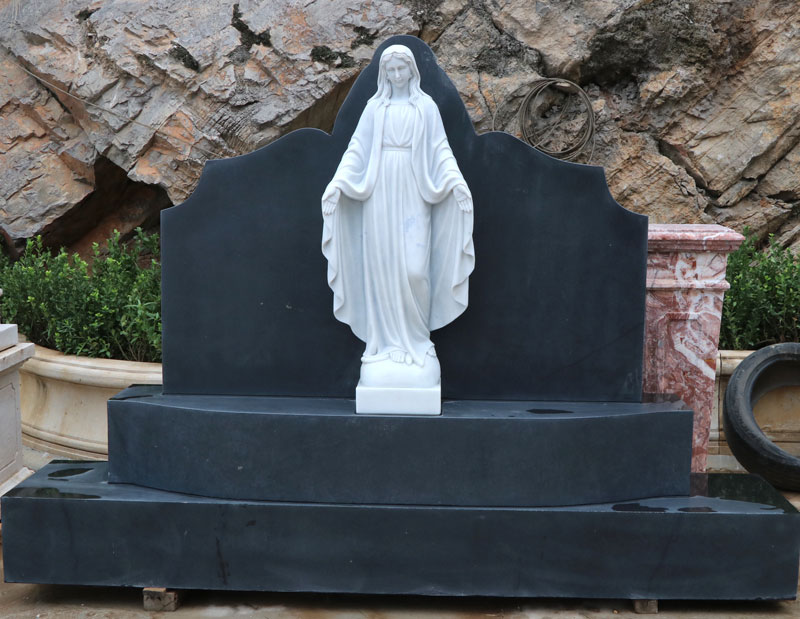 Upright cemetery headstones catholic headstones black headstone of granite and virgin mary statue design for sale