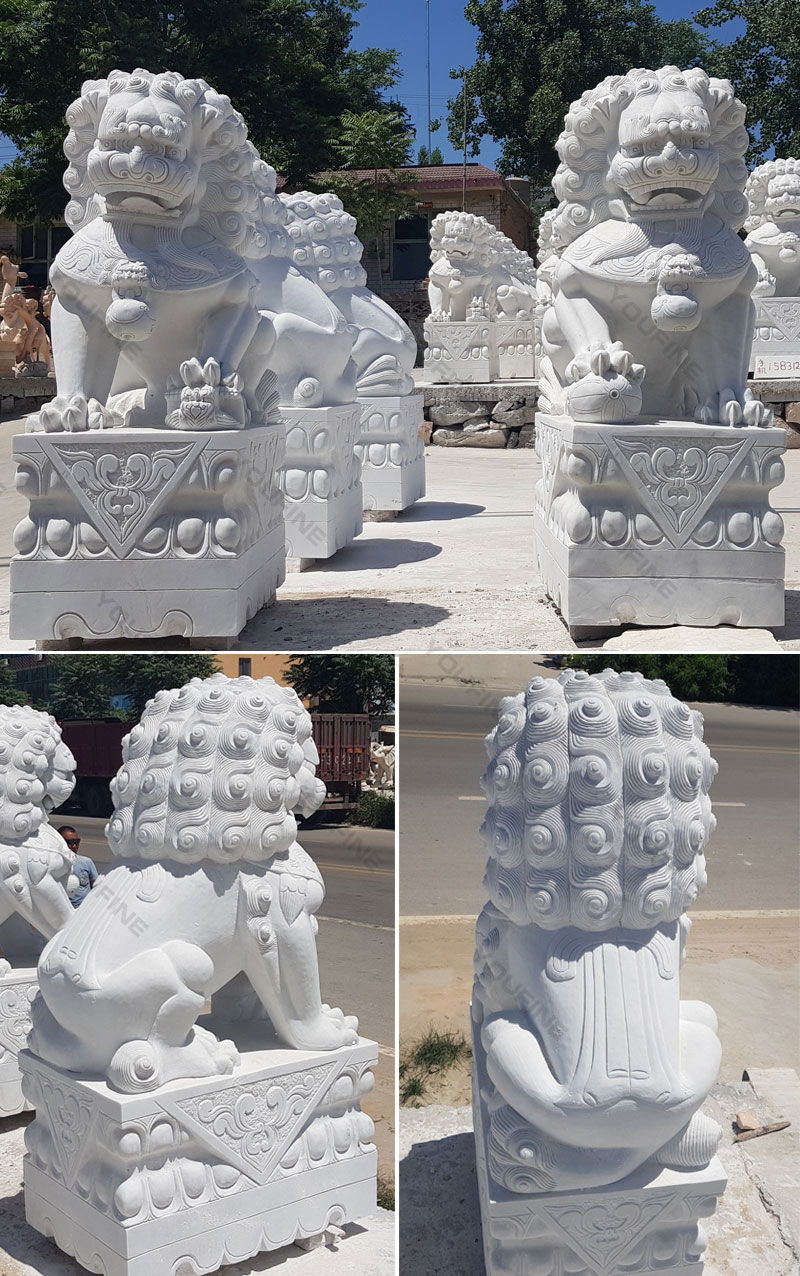Life size marble chinese foo dog garden ornaments lion statues for front porch for sale