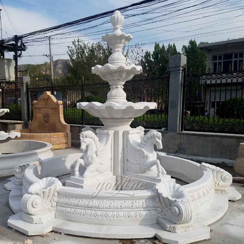 Popular outdoor garden pure white marble tiered water fountain with horse designs for sale--MOKK-84_副本