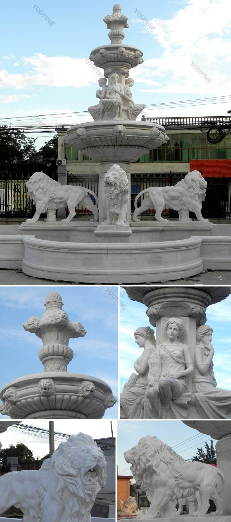 life size cheap two tiered garden white marble fountain with lion and figure statue for sale