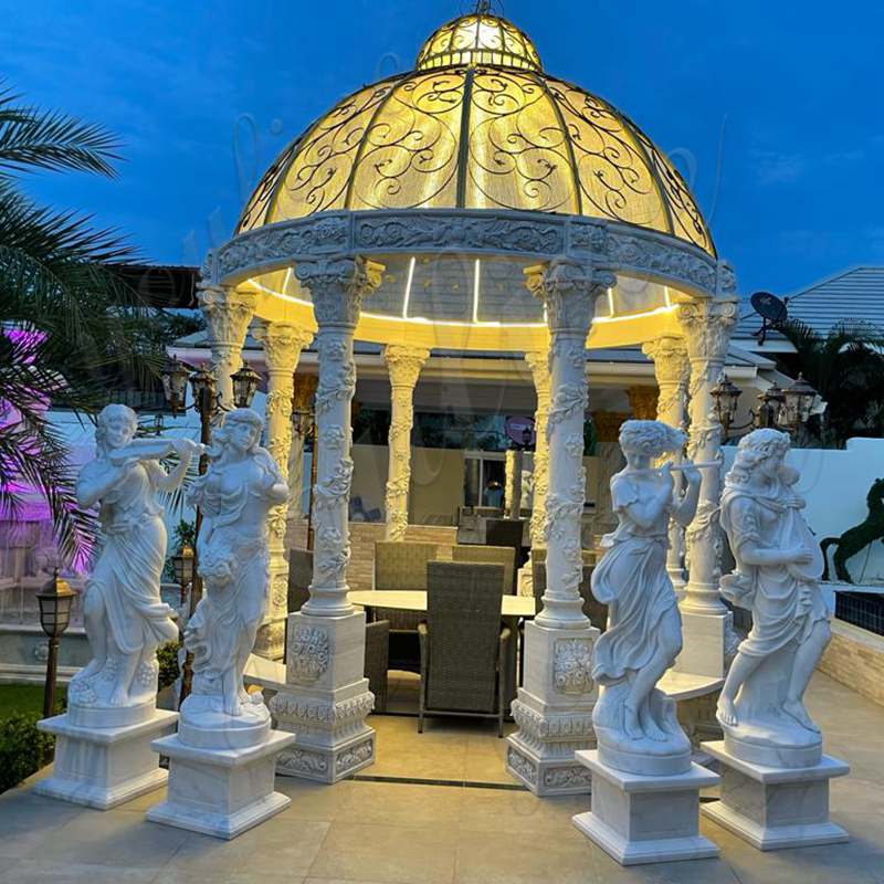 Hand Carved Outdoor White Marble Gazebo with Flowered Pillars Feedback