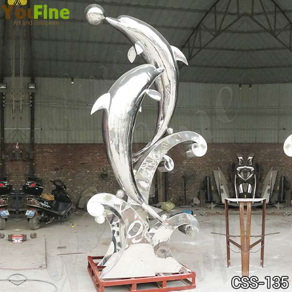 Outdoor Polished Stainless Steel Dolphin Sculpture Pond Decoration for Sale CSS-135