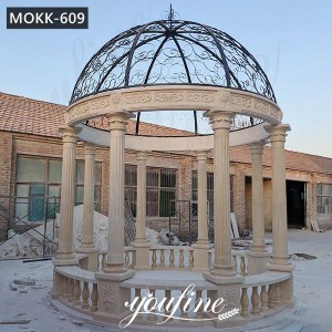 Hand Carved Beige Marble Gazebo with Iron Top for Sale MOKK-609