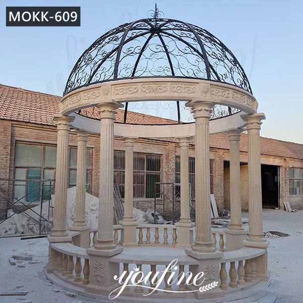 Hand Carved Beige Marble Gazebo with Iron Top for Sale MOKK-609