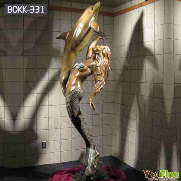 Large Size Bronze Mermaid Statue with a Dolphin Sculpture for Garden Decor BOKK-331