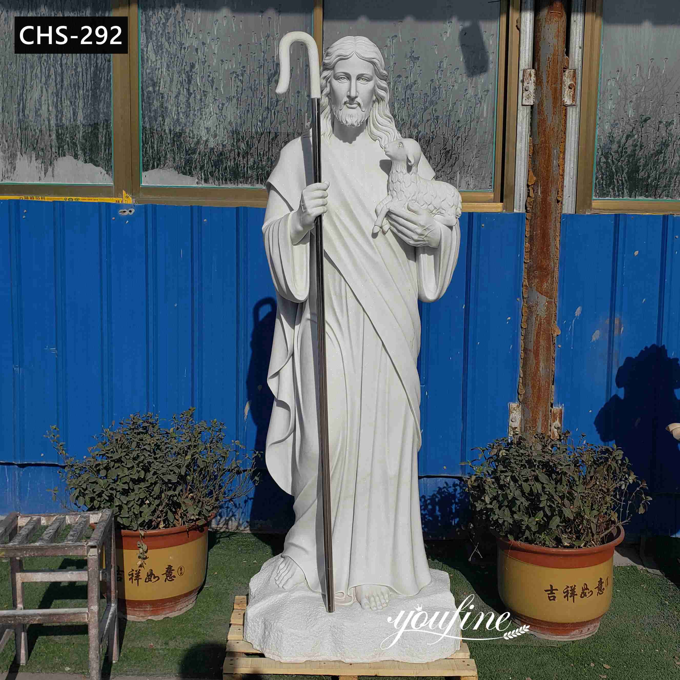 Religious Natural White Marble Jesus Shepherd Statue CHS-292