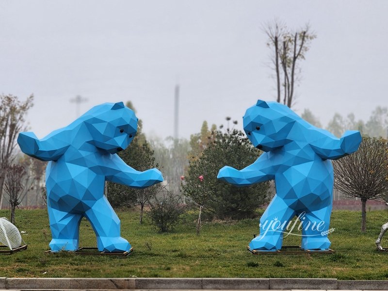 A pair of Welcoming Posture Blue Stainless Steel Geometric Bear Sculptures for Lawn Decor