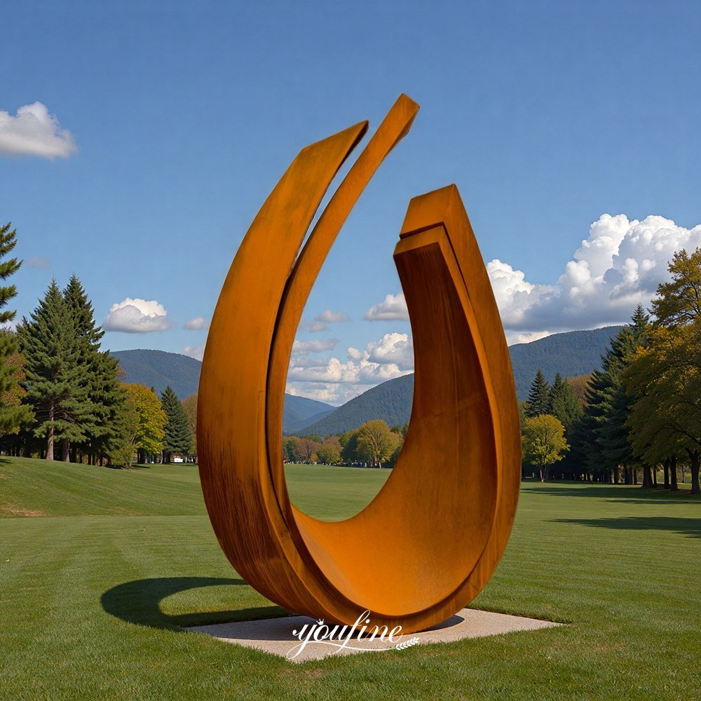 Abstract Rust-Colored Curved Sculpture for Garden