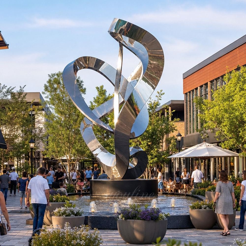 Abstract stainless steel sculpture for a commercial plaza