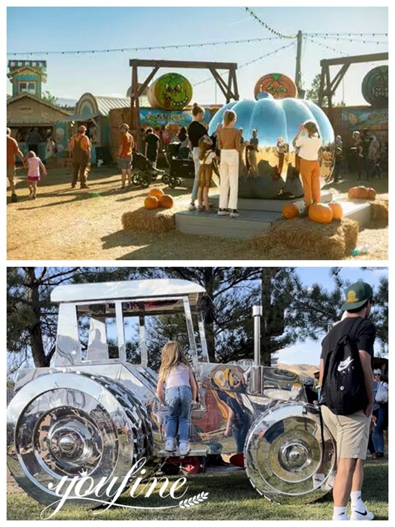 American large stainless steel pumpkin and tractor sculptures feedback