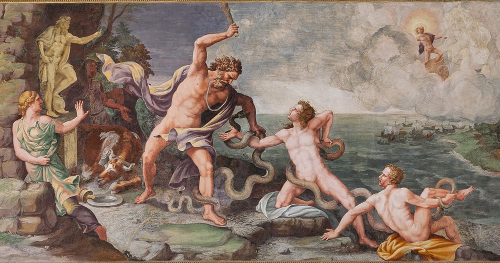 An image depicting the mythological story of Laocoön and his sons being attacked by snakes