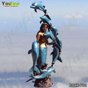 Beautiful Bronze Mermaid with Dolphin Sculpture Seaside Decor BOKK-792