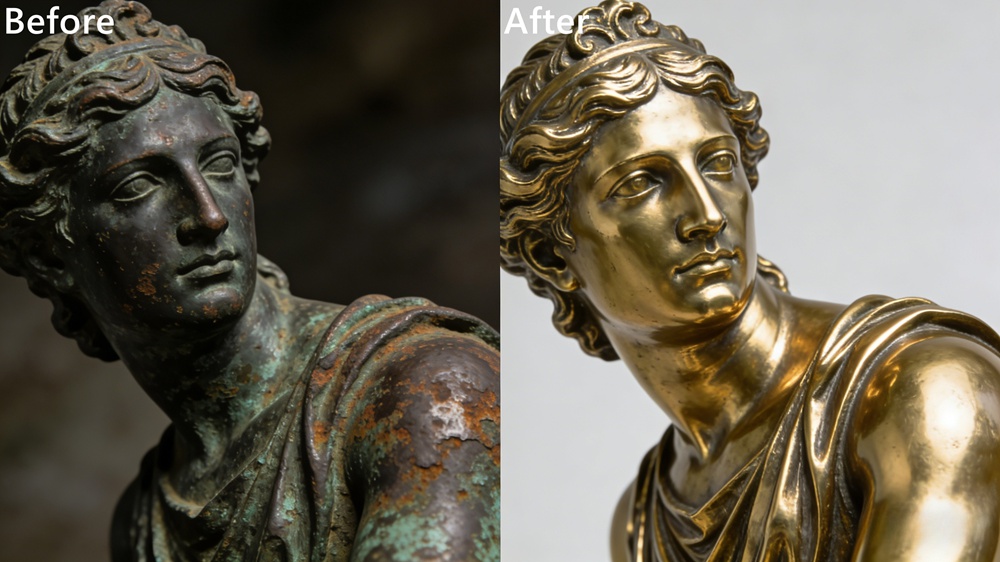 Before and after restoration comparison of the bronze sculpture