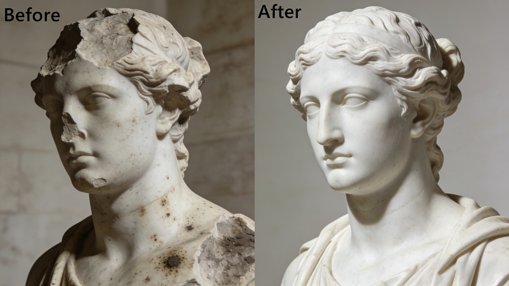 Before and after restoration comparison of the marble sculpture