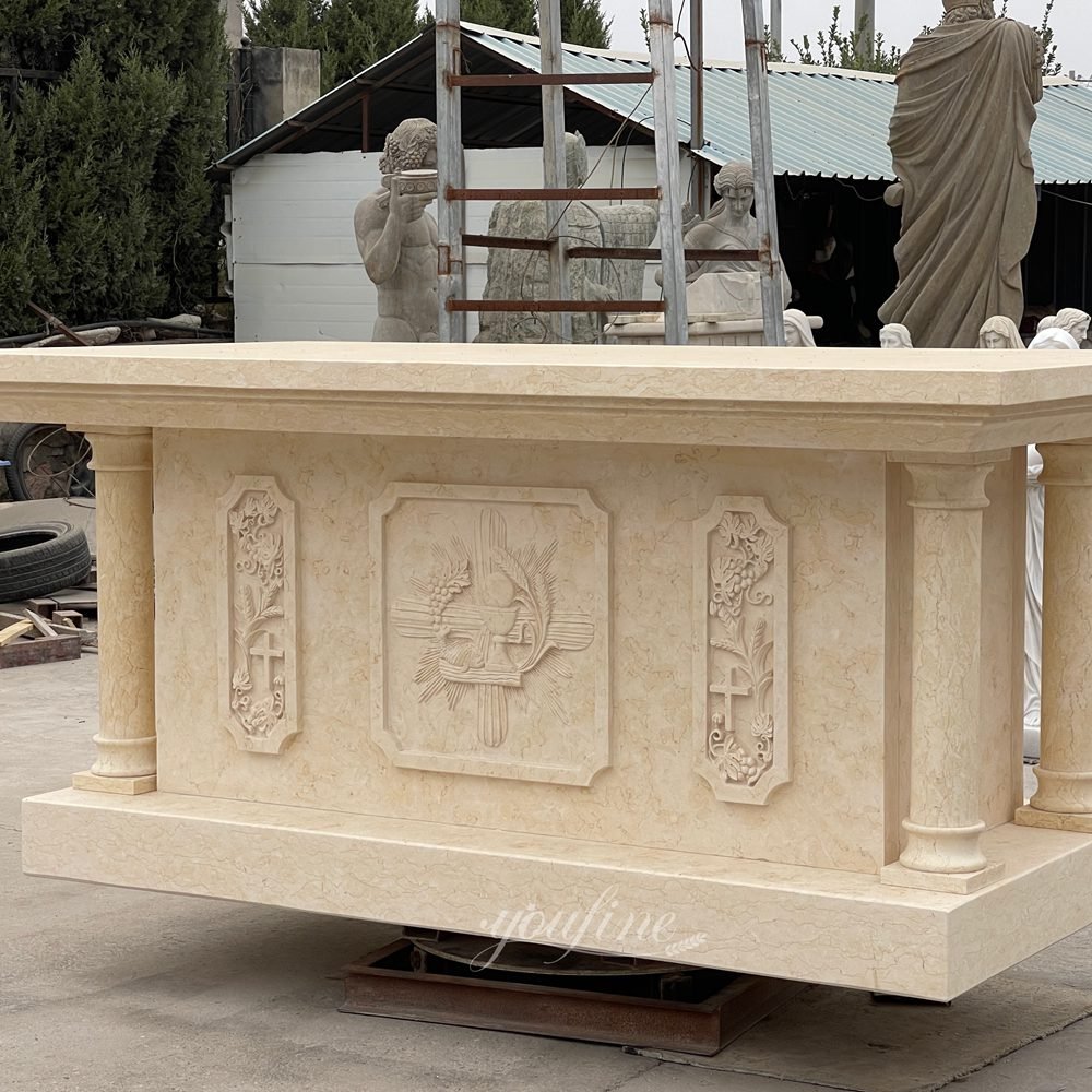 Beige Altar Table with Holy Eucharist Relief Side View