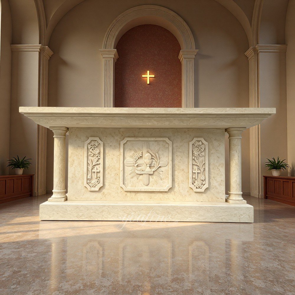 Beige Altar Table with Holy Eucharist Relief for Church