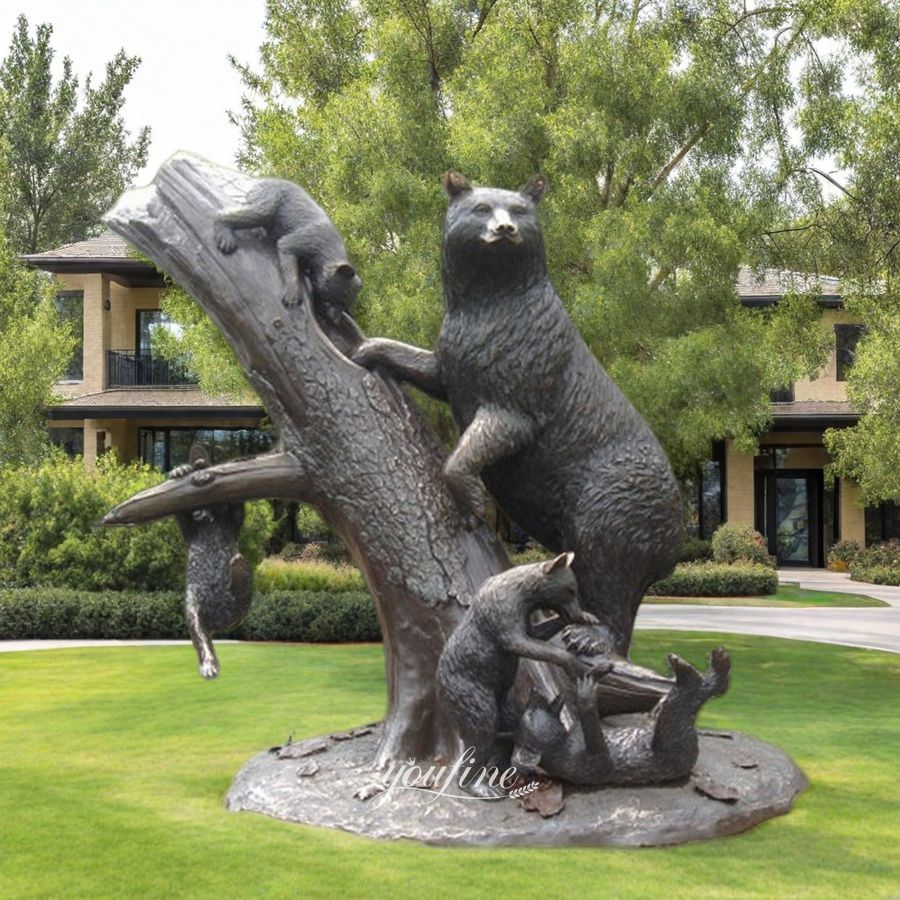 Black Bronze Bear Climbing Tree Statue for Yard Decor
