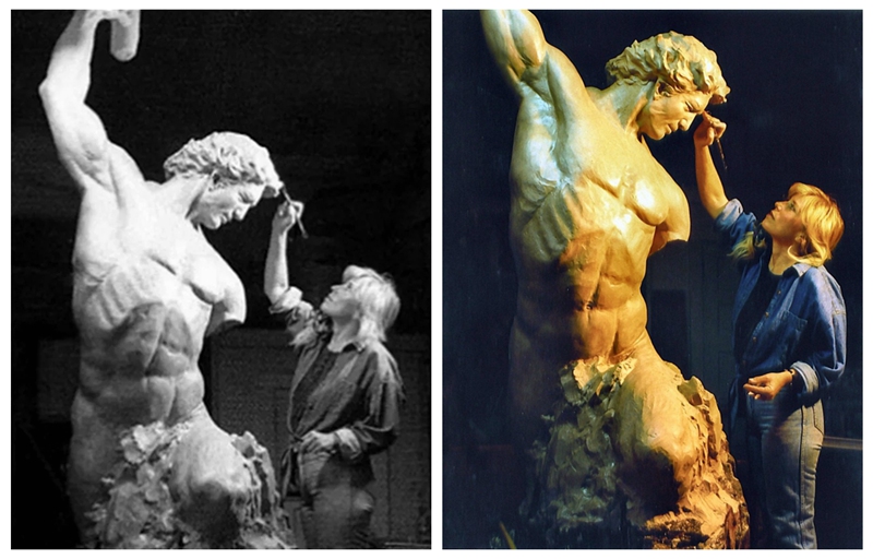 Bobbie Carlyle sculpting the 9ft 5in Self Made Man Statue