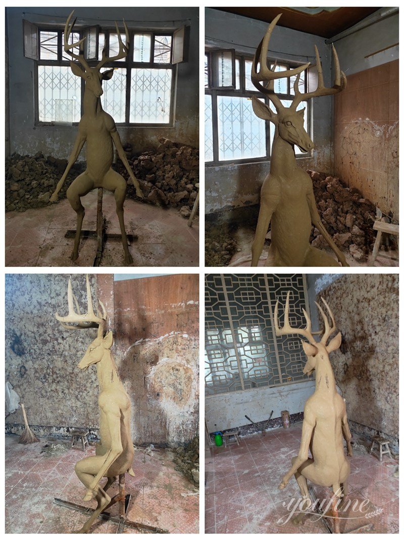 Bronze Abstract Anthropomorphic Sitting Deer Statue Clay Model