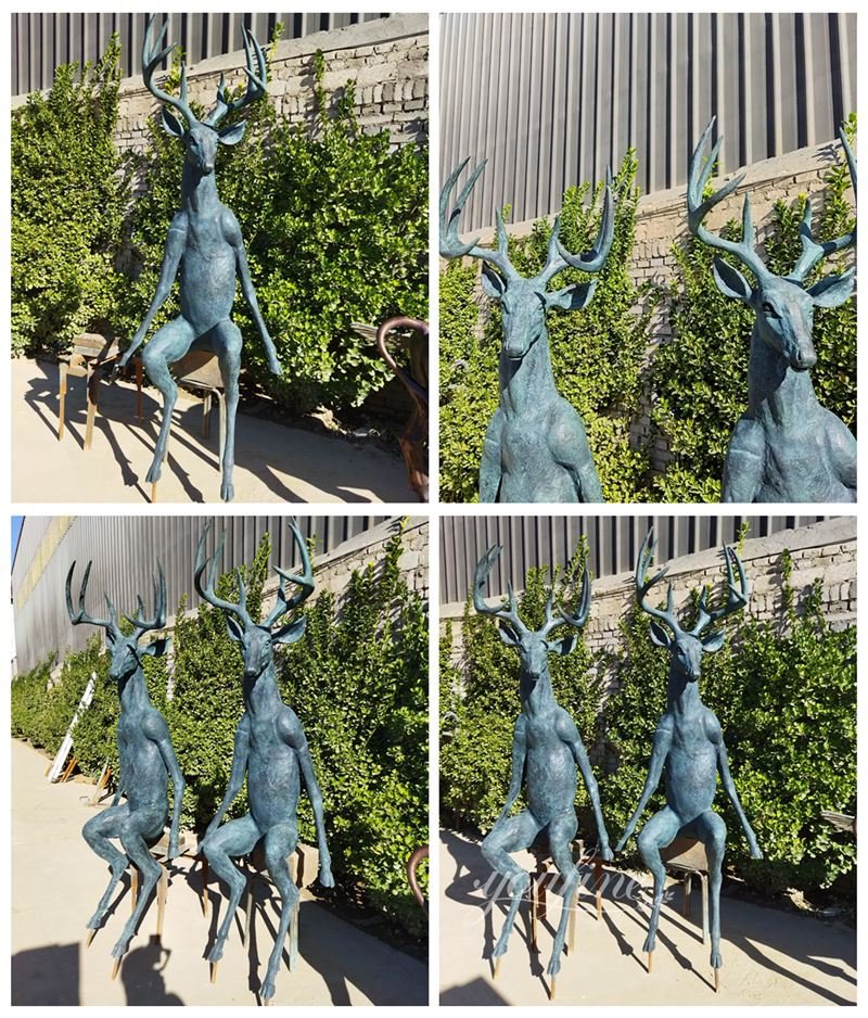 Bronze Abstract Anthropomorphic Sitting Deer Statue Details