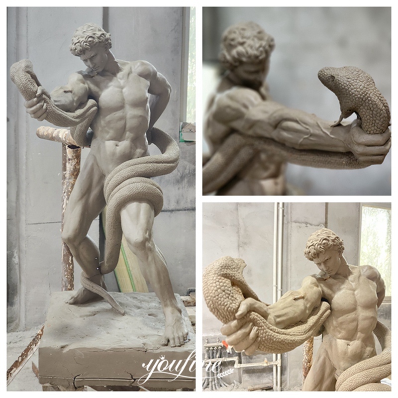 Bronze An Athlete Wrestling With a Python Replica Statue Clay Model Details