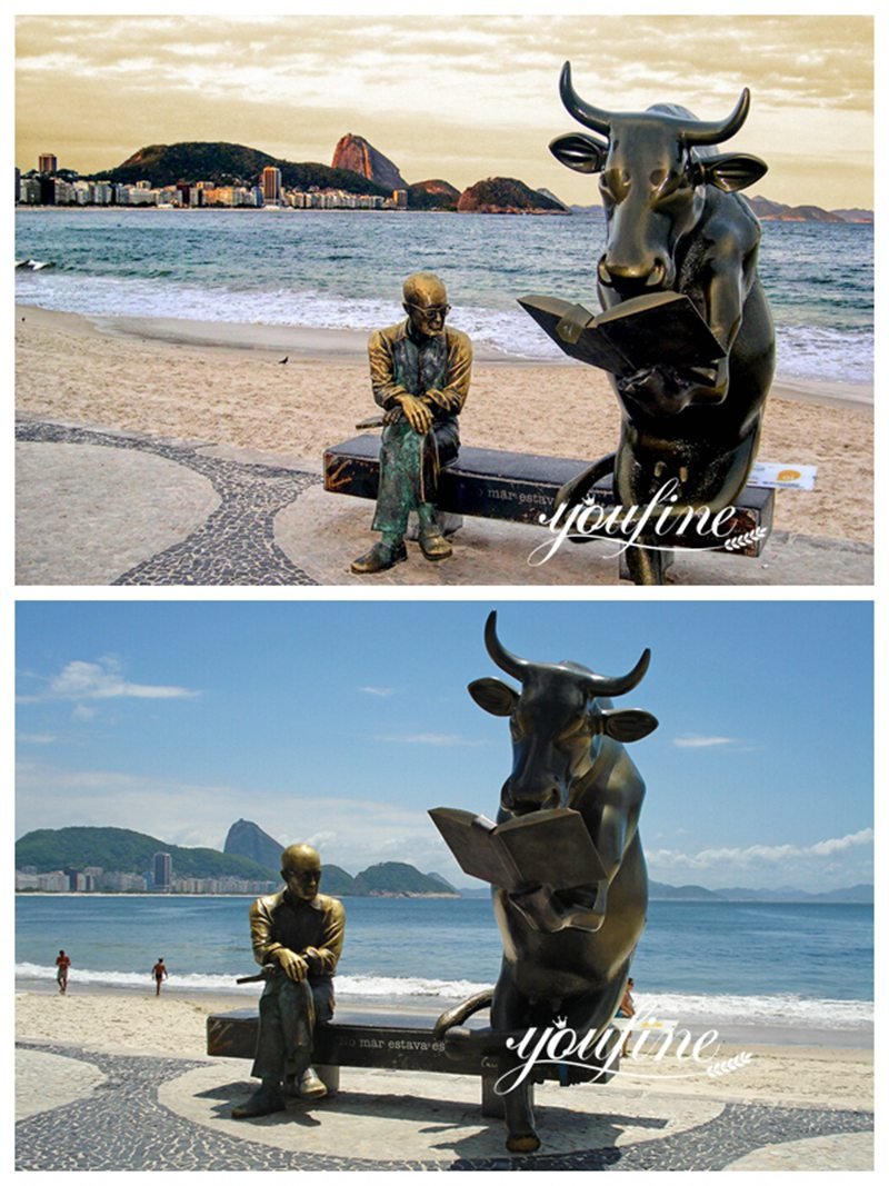 Bronze Bull Reading Book Statue