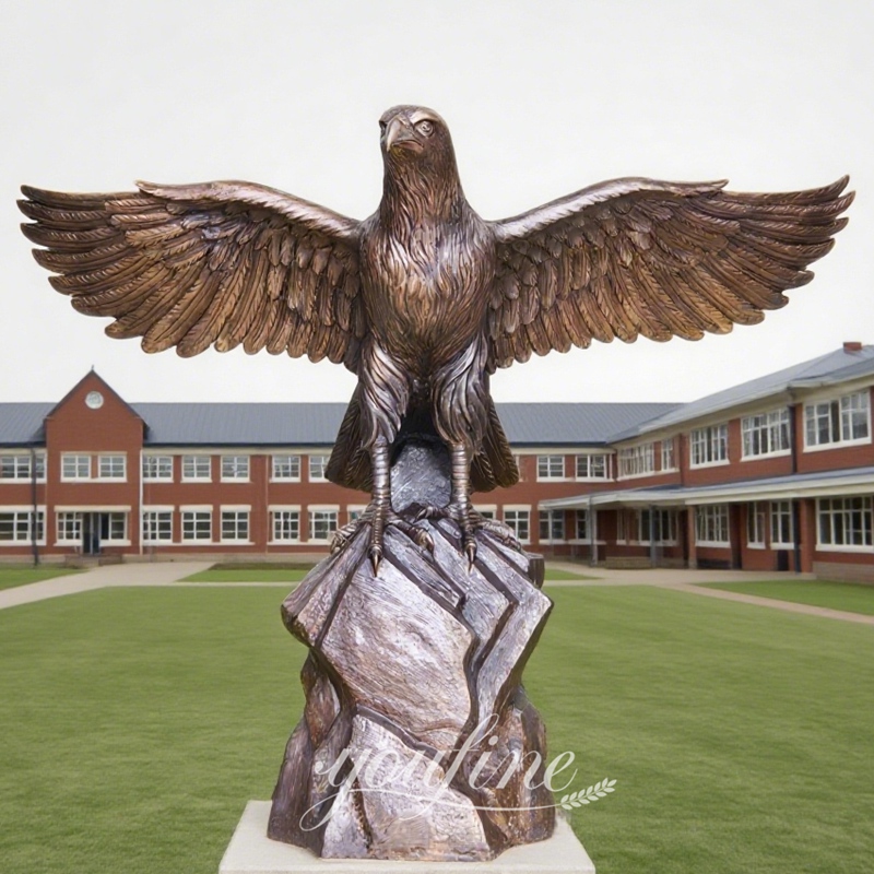 Standing on Rock Bronze Eagle Mascot Sculpture for School Decor