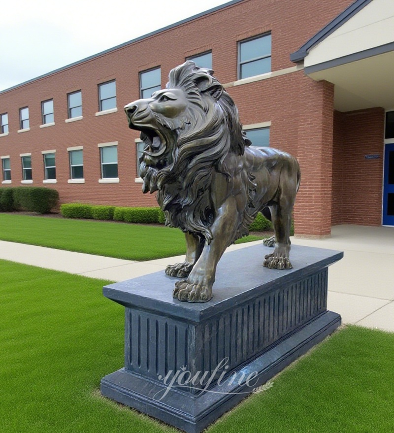 Walking Bronze Lion Mascot Sculpture for School Decor