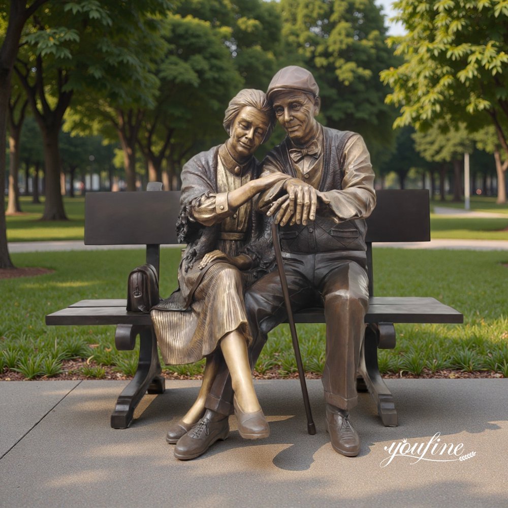 Bronze Old Couple Sitting on Bench Garden Statue