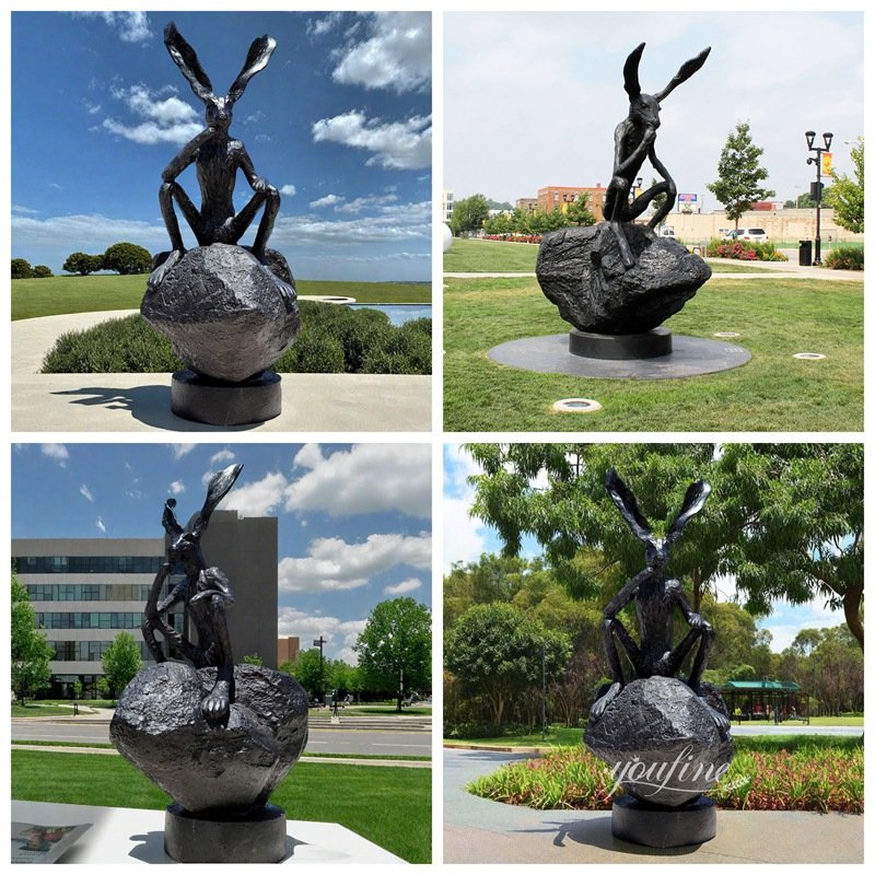 Bronze Rabbit Thinker on a Rock Sculpture Application Scenes