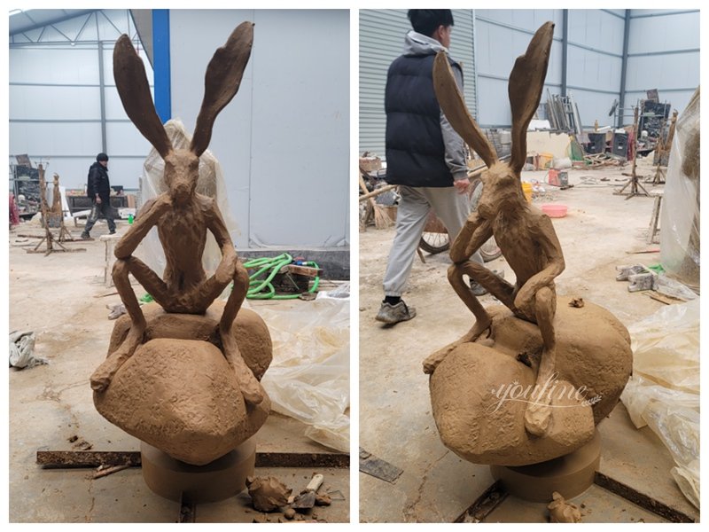 Bronze Rabbit Thinker on a Rock Sculpture Clay Model