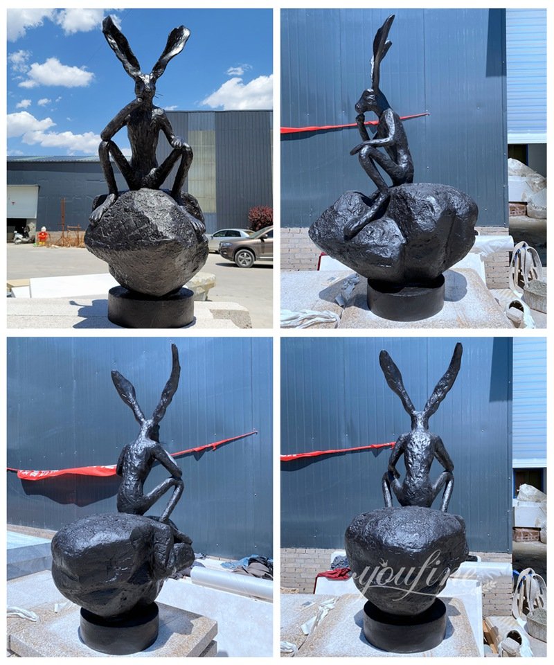 Bronze Rabbit Thinker on a Rock Sculpture from YouFine Factory
