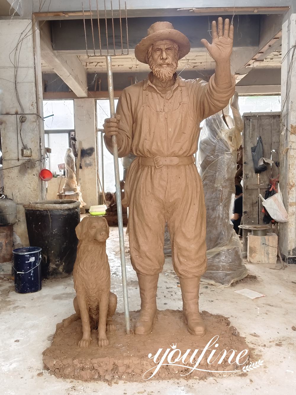 Bronze Sculpture of a Farmer and a Dog Clay Mode