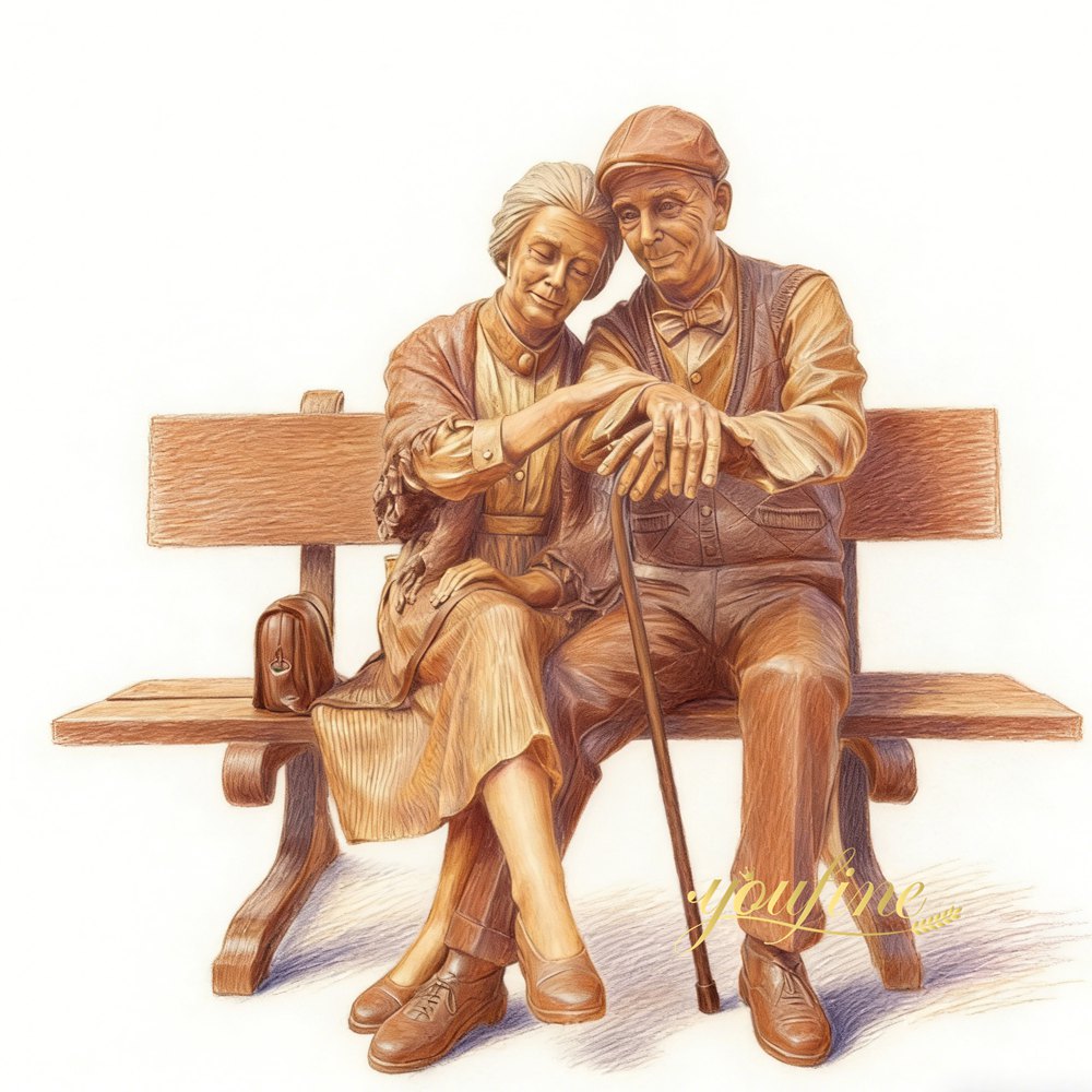 Bronze Sculpture of an Elderly Couple Sitting on a Bench Drawing