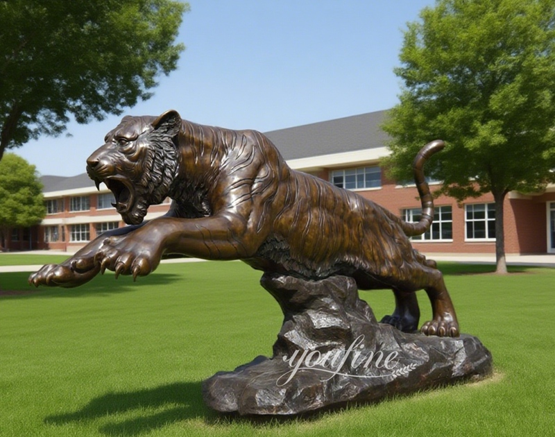 Jumping Bronze Tiger Mascot Sculpture for School Decor