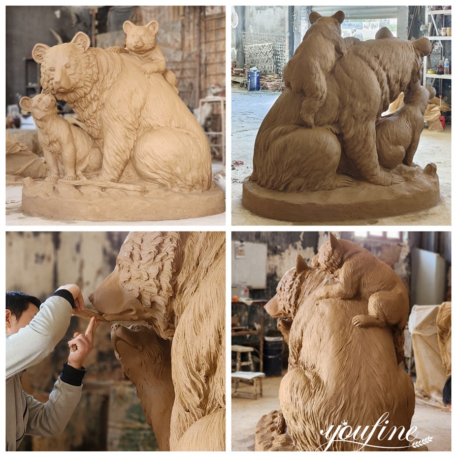 Bronze Warm Bear Family Statue Clay Model Details