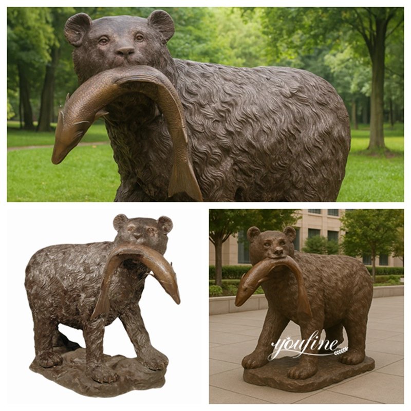 Brown Bronze Bear with Fish in Mouth Statue Details