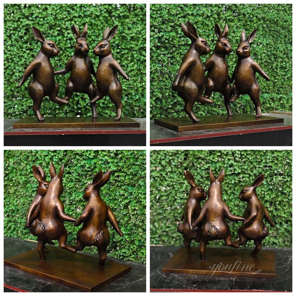 Brown Bronze Three Dancing Bunnies Statue Details