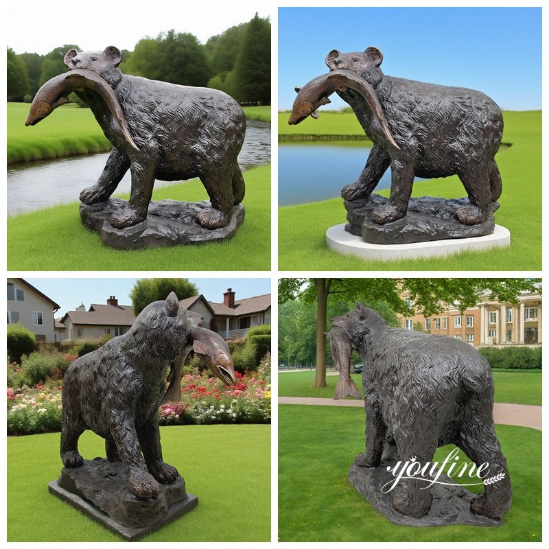 Cast Bronze Bear with Fish in Mouth Statue Application Scenes
