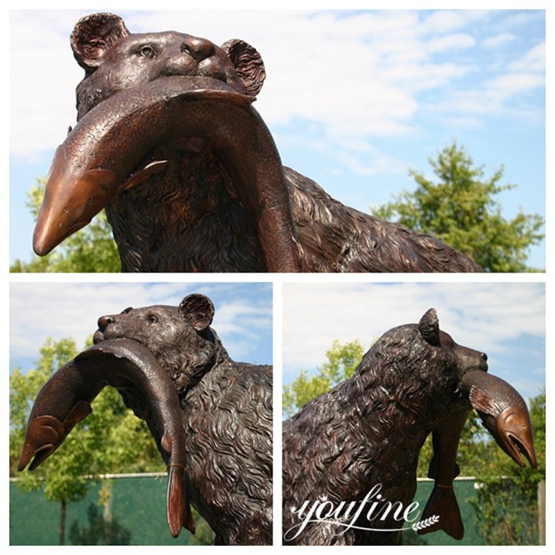 Cast Bronze Bear with Fish in Mouth Statue Details