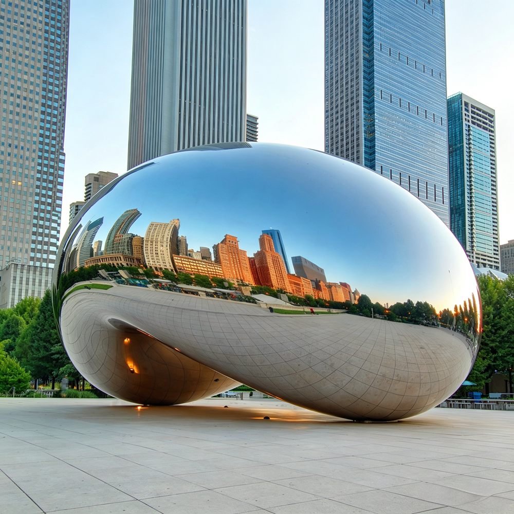 Chicago Cloud Gate Mirror Sculpture and City Skyline