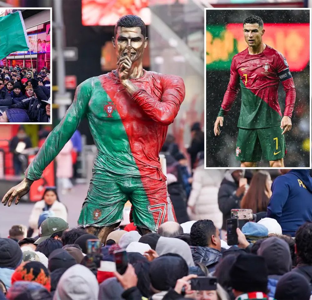 Close-up view of the temporary Cristiano Ronaldo statue in Times Square, New York