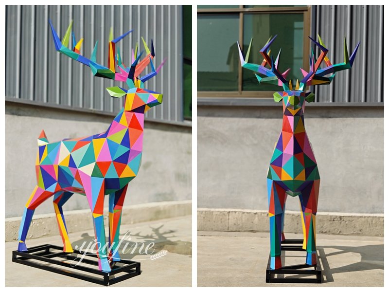 Colorful Stainless Steel Geometric Deer Sculpture Details