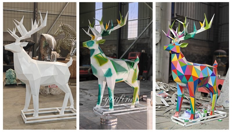 Colorful Stainless Steel Geometric Deer Sculpture Painting Process