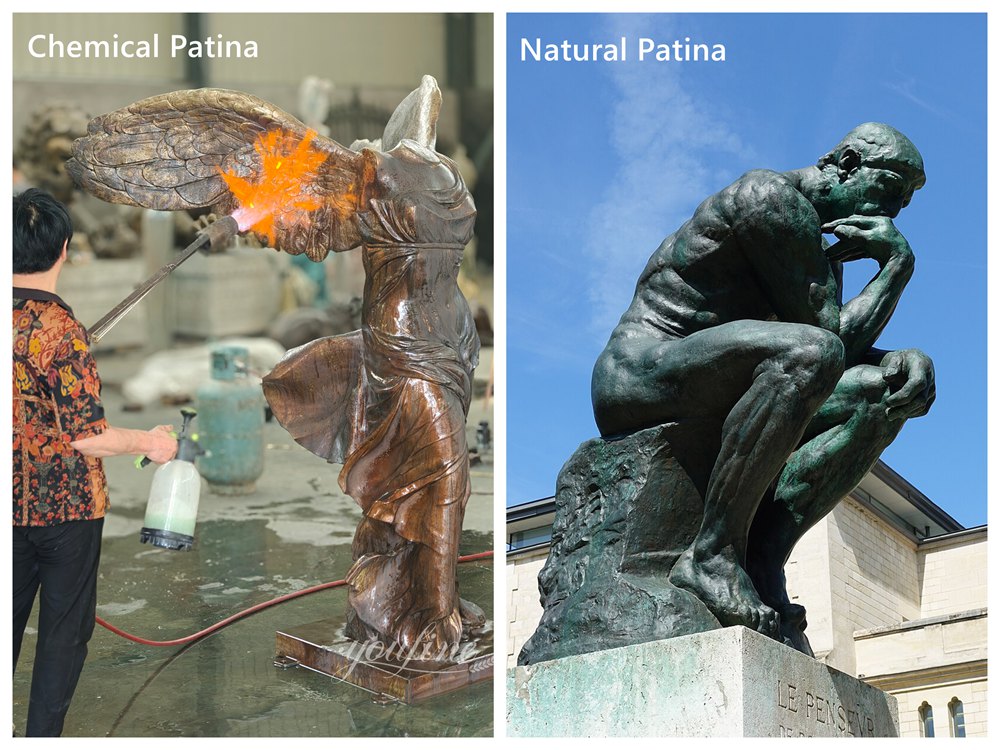 Comparison of Patination Techniques Bronze Winged Statue of Victory vs. Bronze The Thinker