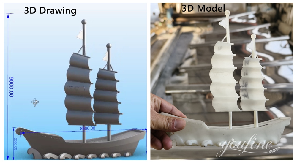 Comparison of the 3D drawing and model of the metal sailboat sculpture