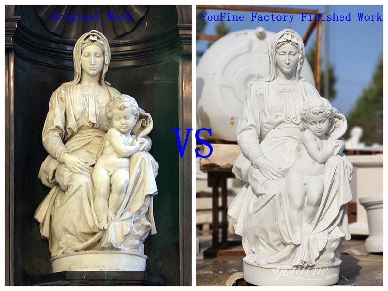 Comparison picture of the original Michelangelo Madonna of Bruges Statue and the YouFine finished sculpture