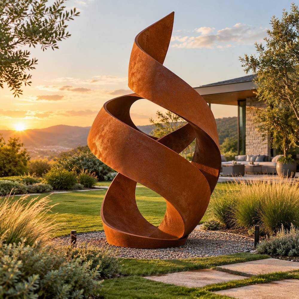 Contemporary Corten Steel Ribbon Sculpture in a Private Estate Garden