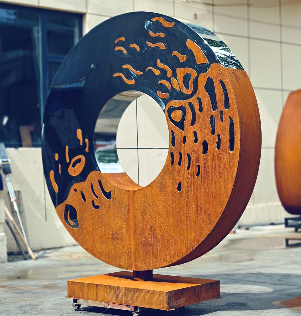 Corten Steel and Stainless Steel Ring Sculpture Side View